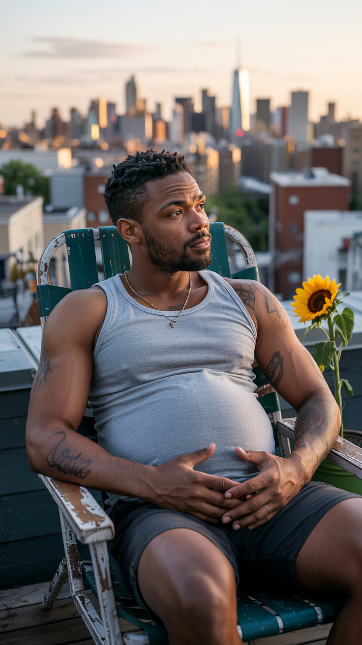 Urban Dreamscape: A Pregnant Man's Rooftop Refuge
